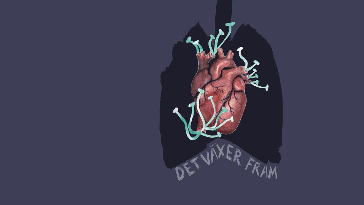 Tecknat hjärta med turkosa tentakler springande ur aorta- och venöppningar. Mörkblå bakgrund. Text: Det växer fram.