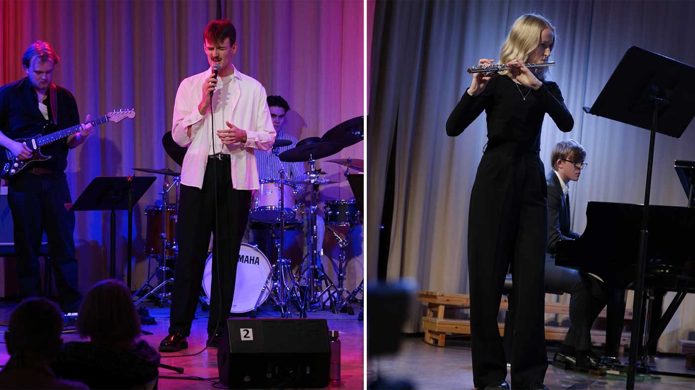 Två bilder. Till vänster tre män: sångare, gitarrist och trummis på scen. Till höger kvinnlig tvärflöjtist och manlig pianist.