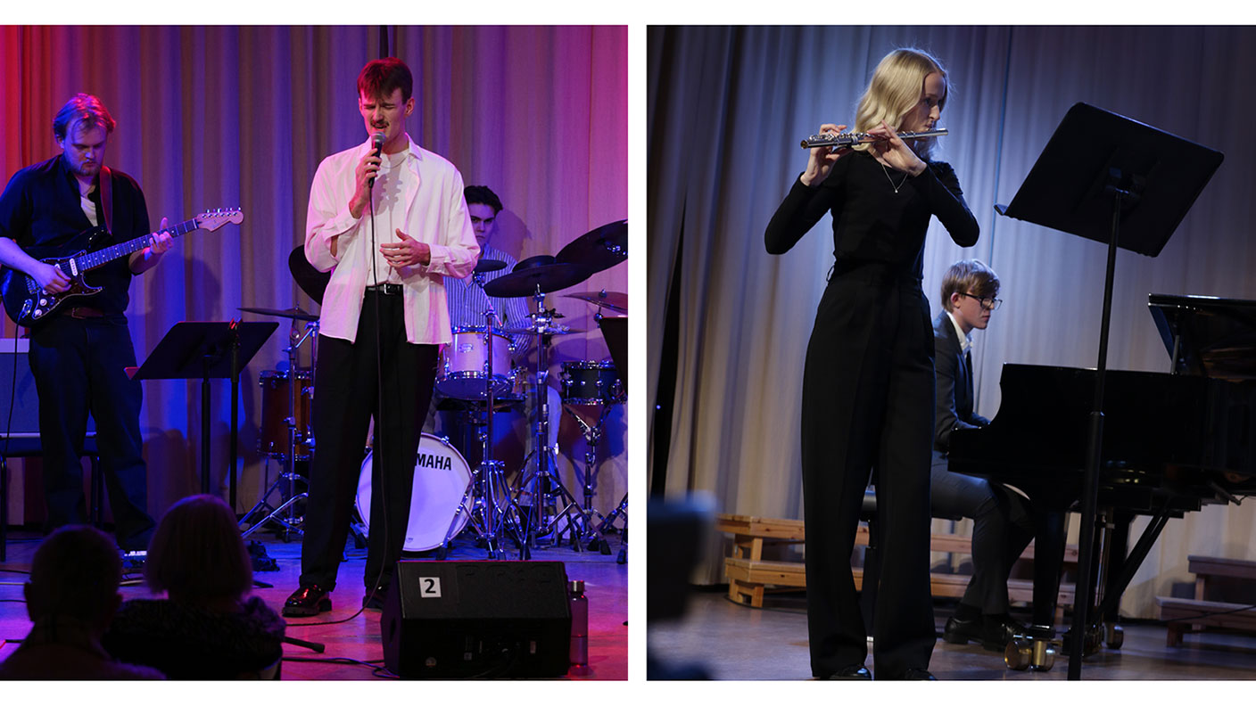 Två bilder. Till vänster man som sjunger på scen framför gitarrist och trummis. Til höger kvinnlig flöjtist framför manlig pianist.