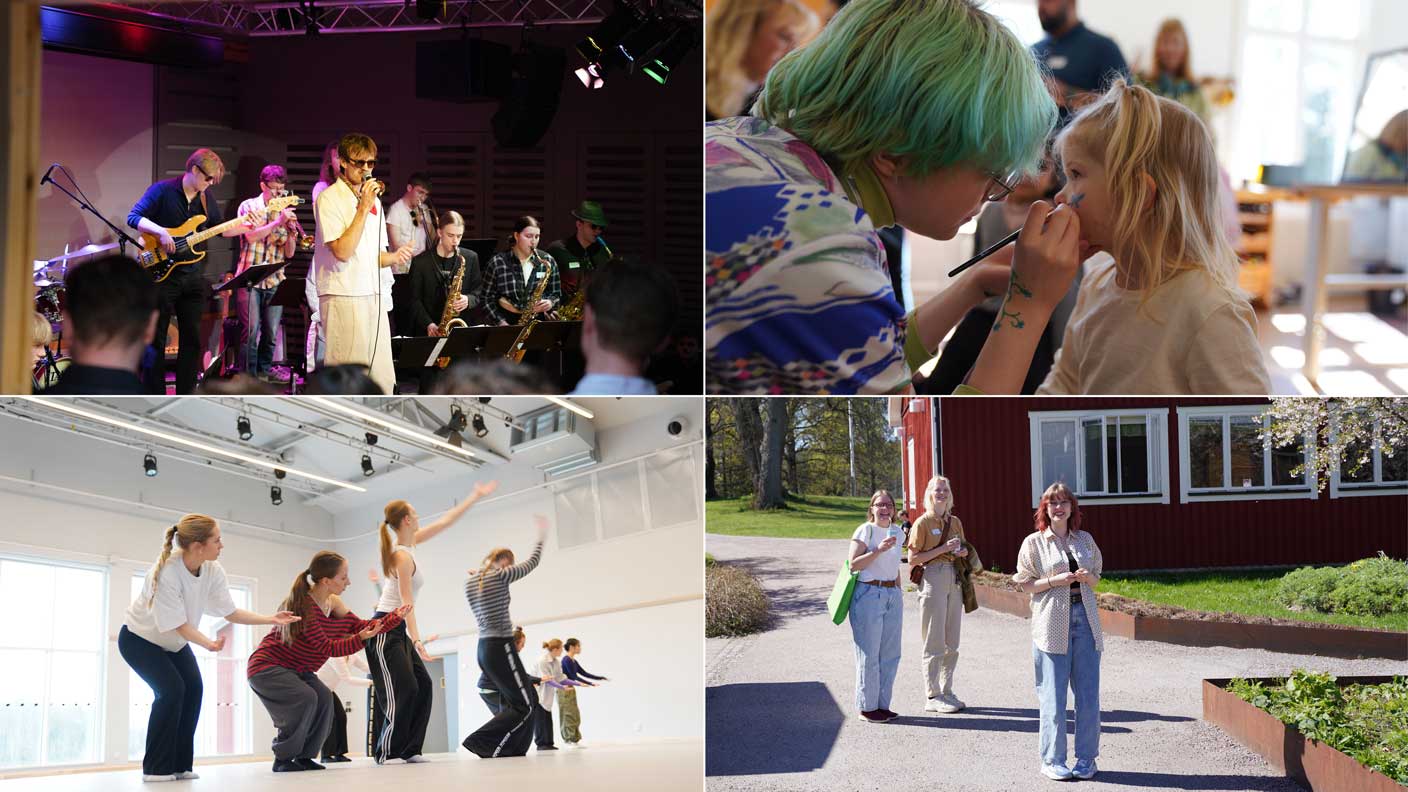 Fyra bilder. Uppe vänster: Ungdomar spelar musik på scen. Uppe höger: Liten flicka blir ansiktsmålad. Nere vänster: Kvinnor utför danskoreografi. Nere höger: Tre leende kvinnor i solsken.