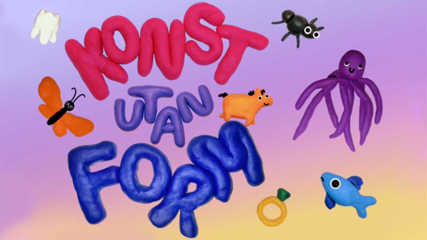 Bild på färgglada figurer – tand, fjäril, myra, häst, bläckfisk, ring och fisk – i modellera, med text: "Konst utan form".