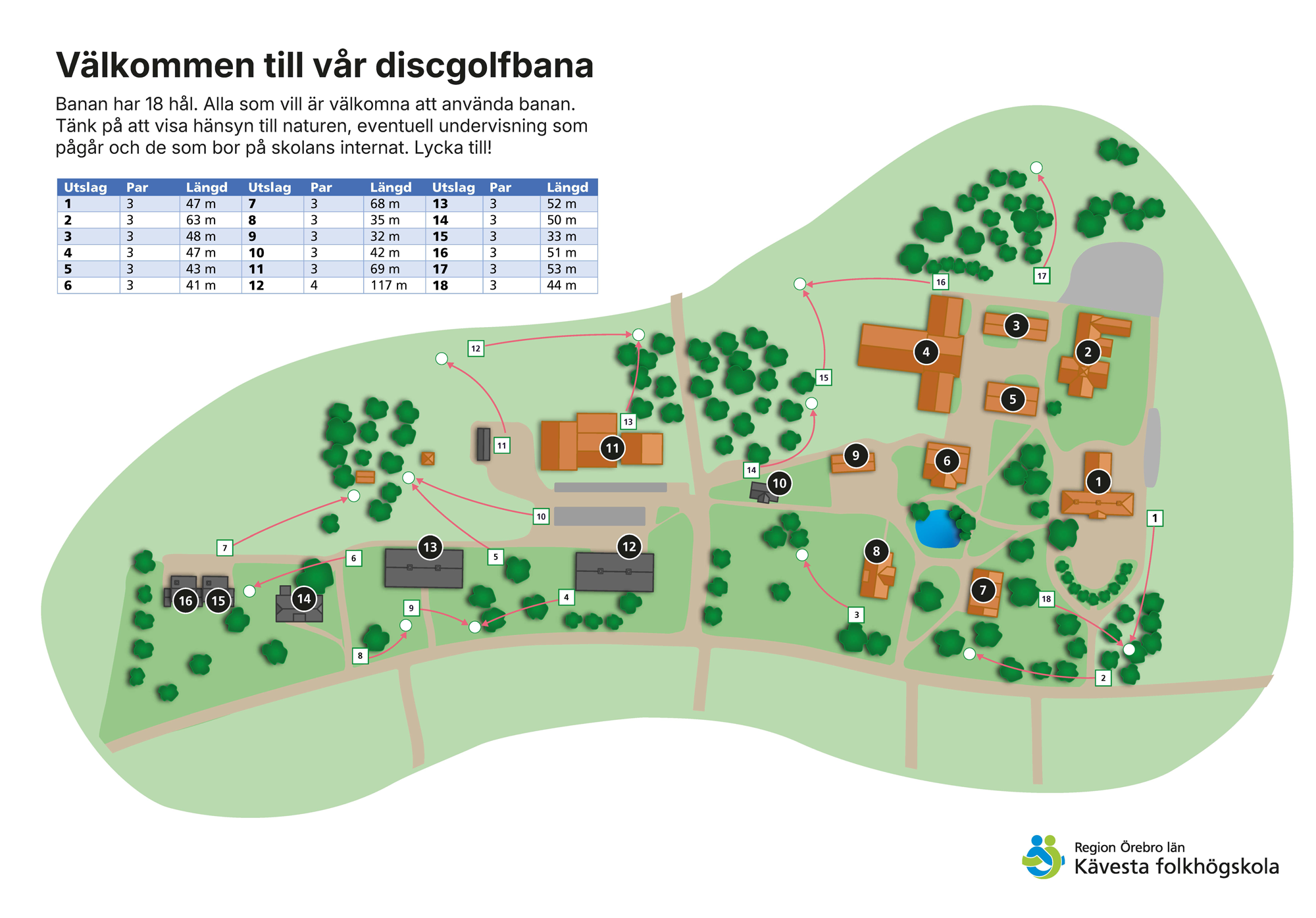 Grafisk karat över discgolbanan på Kävesta folkhögskola.