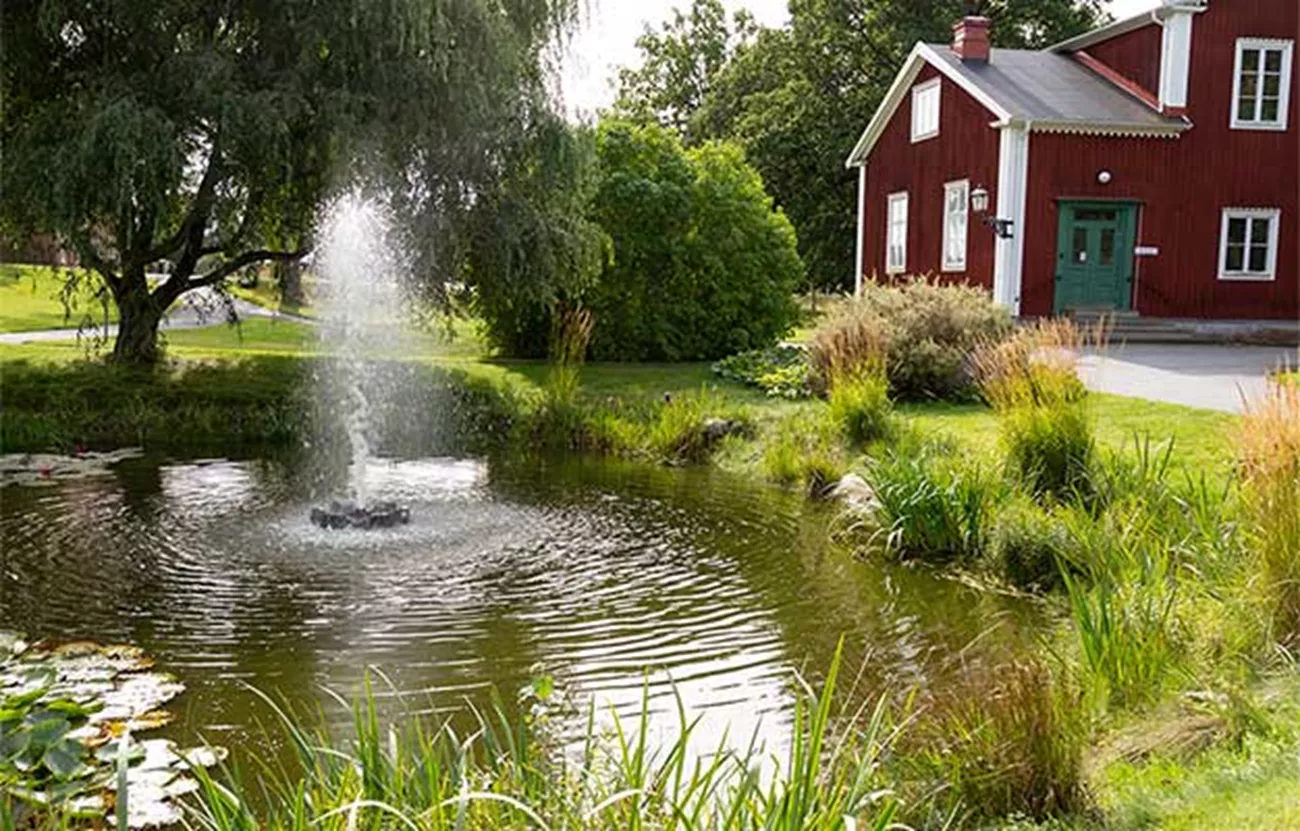 Fontän sprutar i liten damm i lummig miljö med rött trähus.