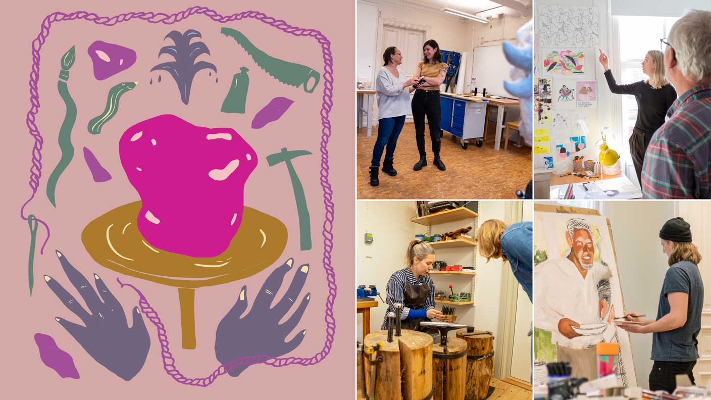 Till vänster grafisk bild med händer, drejskiva och verktyg. Till höger kollage med personer som utövar konst.