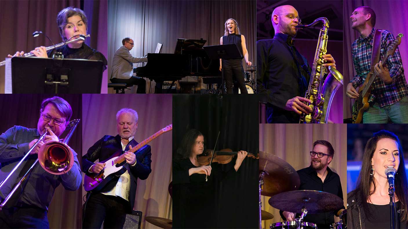 Kollage med flera personer som spelar olika instrument och sjunger på scen.