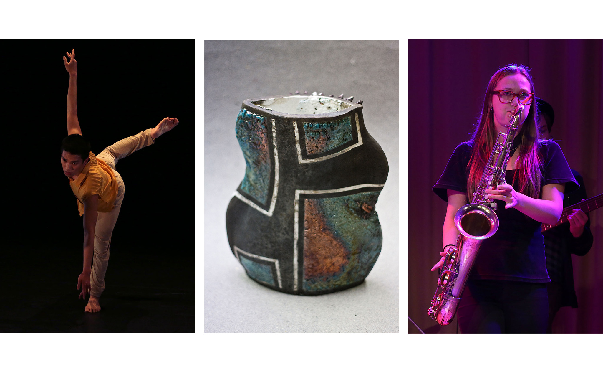 Affischbild i tre delar: en dansare, en vas i keramik och en saxofonspelare.