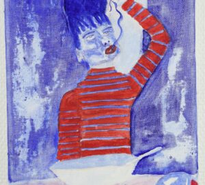 Målning i mörka lila, blå och röda färger. Föreställer en person som äter pasta med händerna.